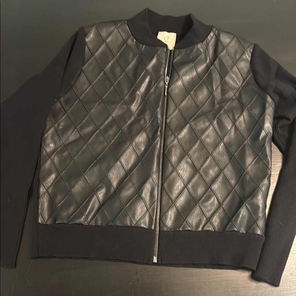 Sioni‎ Black Quilted Faux Leather Knit Bomber Jacket Sweater Large